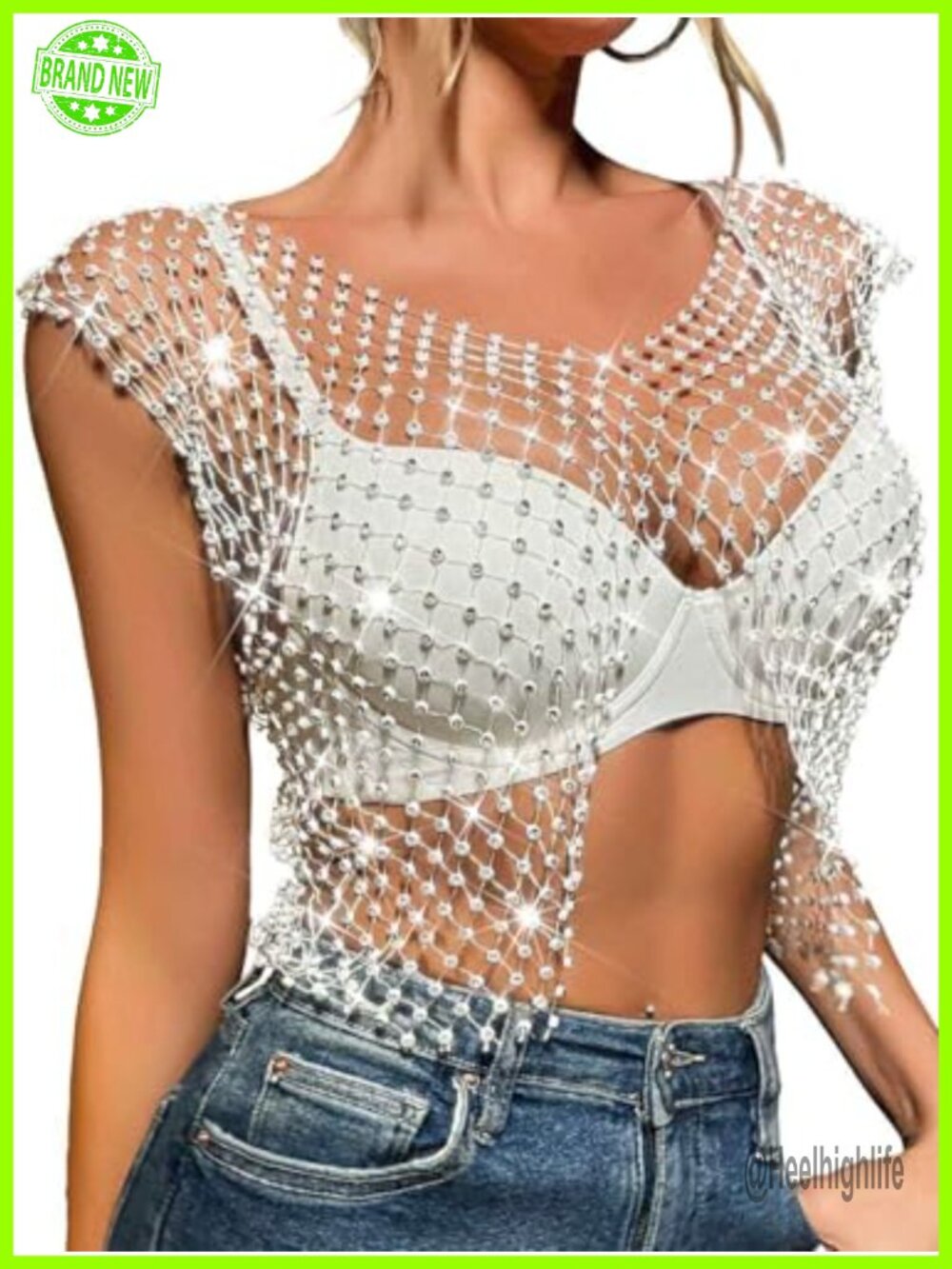 Women's Mesh Rhinestone Crop Top Sheer Sparkly See Through Bikini Cover Up